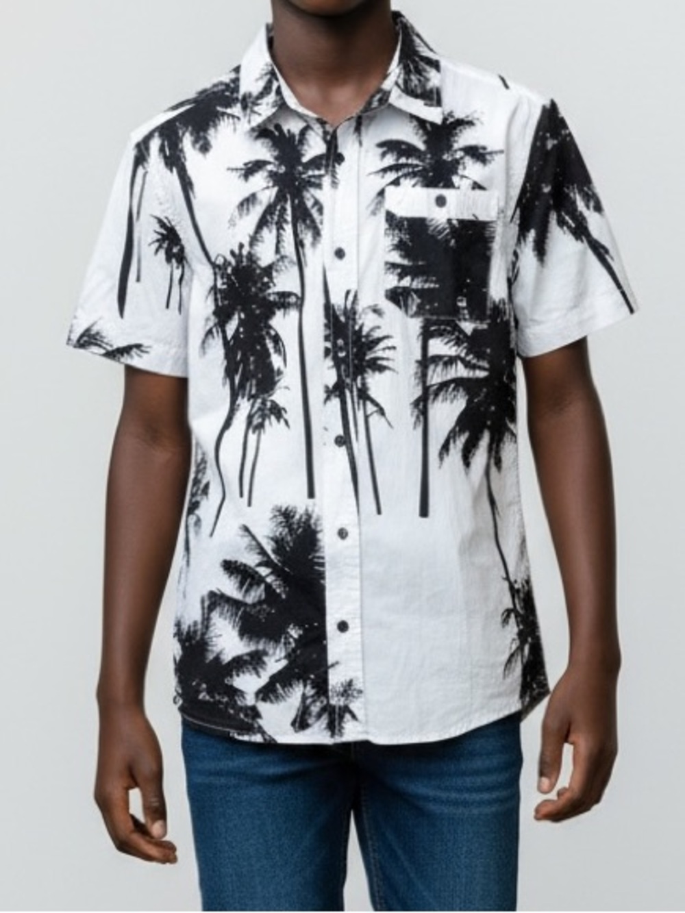 Amplify Black & White Palm-Print Short Sleeve Shirt Sz L 14/16